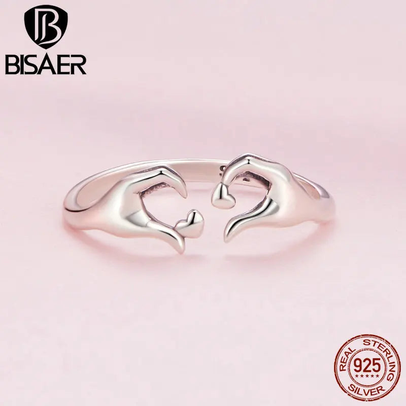 BISAER 925 Sterling Silver Hand Heart Rings For Romantic Women Love Couple Wedding Promise Rings Valentine's Day Fine Jewelry