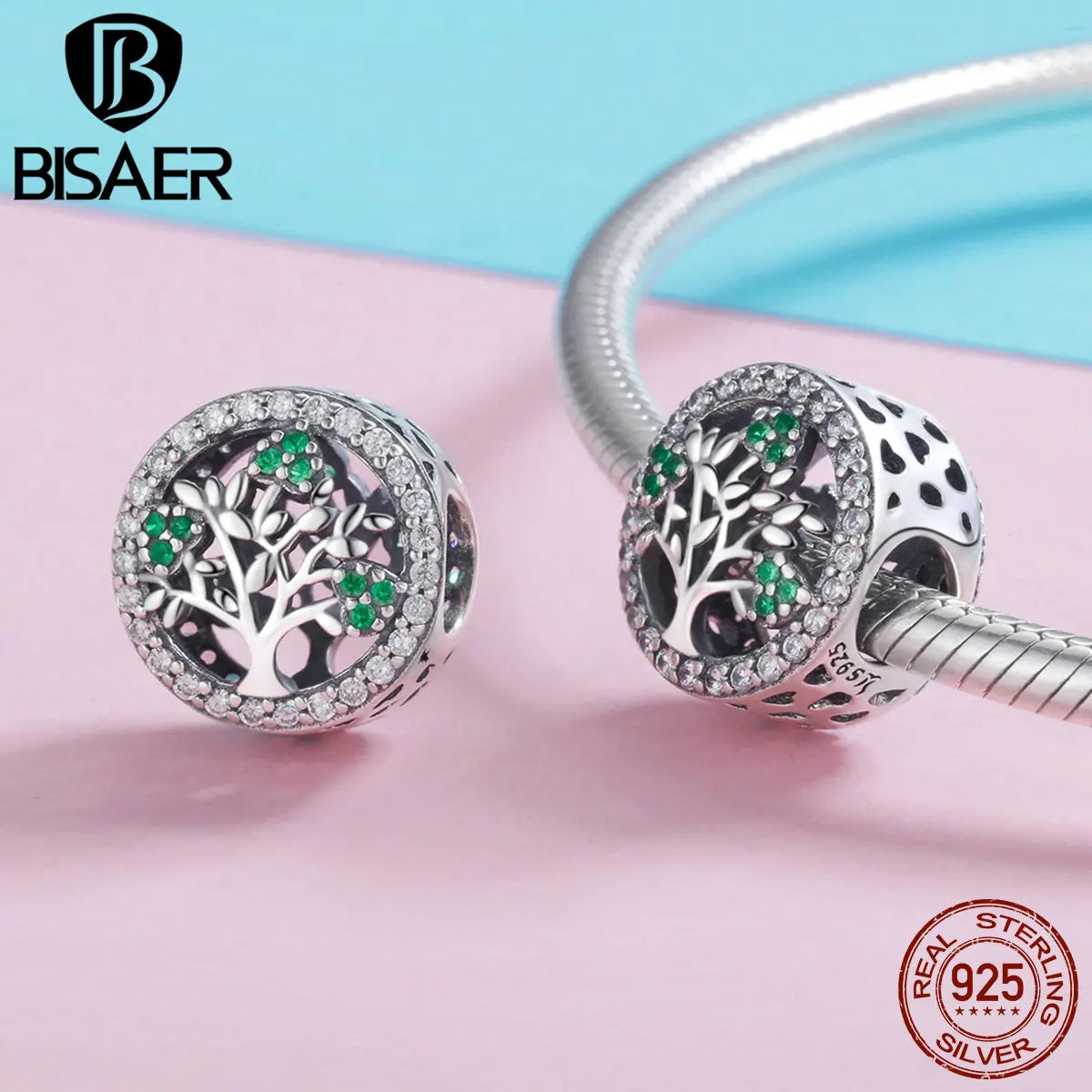 BISAER Real 925 Sterling Silver life Tree Charm Bead Heart-shaped Pendant Fit Women DIY Bracelet Necklace Fine Jewelry ECC2104