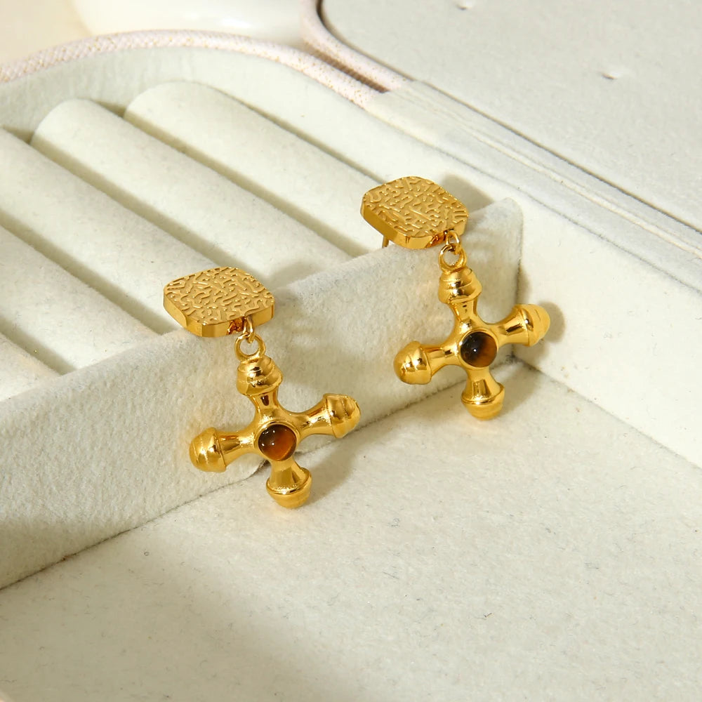 INS Trend 18k Gold Plated Natural Stone Cross Dangle Stud Earrings Waterproof Texture Drop Earring Women Jewelry Gift