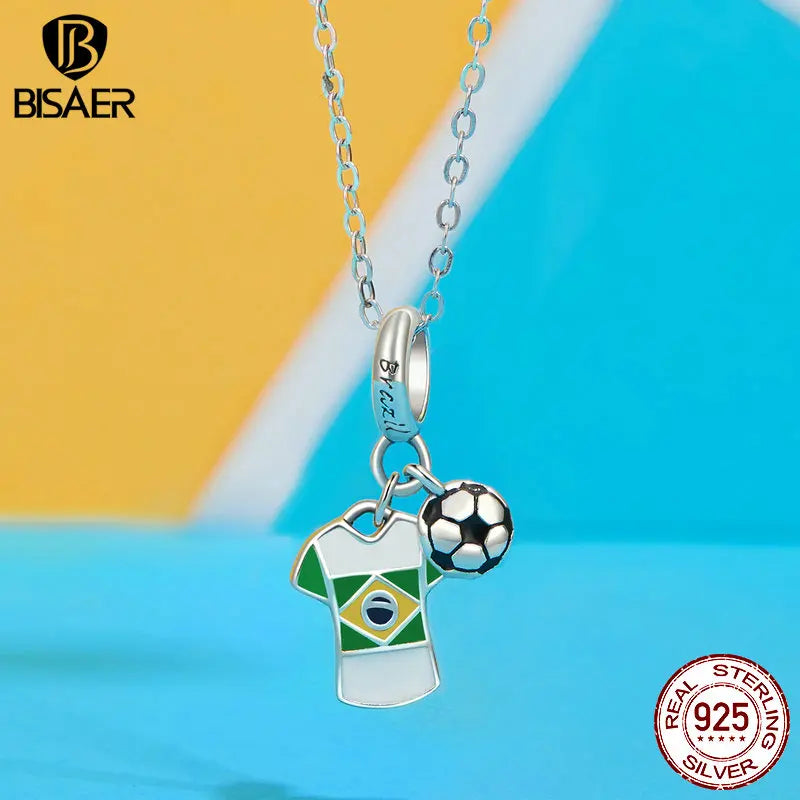 Pendentif maillot de football en argent sterling 925 BISAER en émail avec breloque en forme de boule pour bracelet et collier pour femme