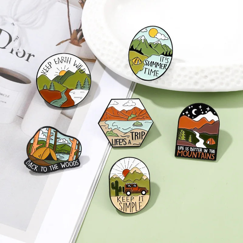 Outdoor Adventure Enamel Pin Wild Camping Hiking Mountain Starry Night Brooches Lapel Backpack Badge Jewelry Gifts For Friends