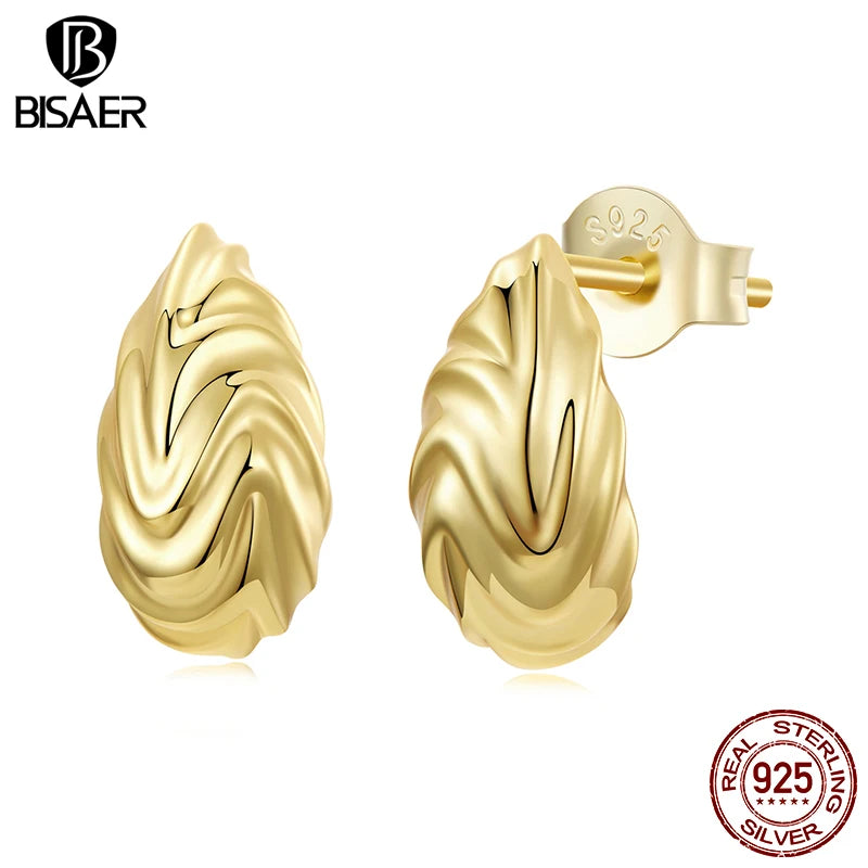 BISAER 925 Sterling Silver Texture Stud Earrings Metalness Hypoallergenic Earrings Plated 18K Gold for Women Party Fine Jewelry