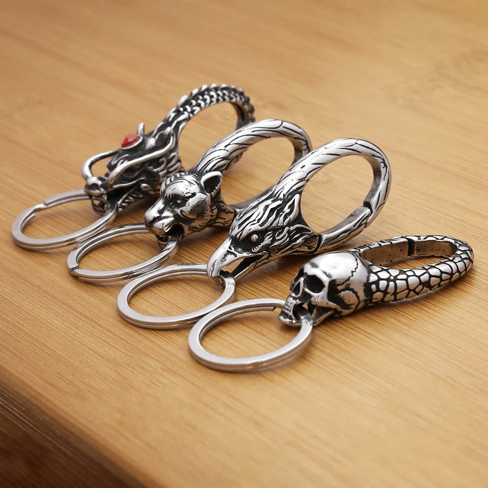 New Vintage Stainless Steel Animal Keychains For Men Women Fashion Punk Dragon Head Keychain Waist Belt Clip Jewelry Accessories