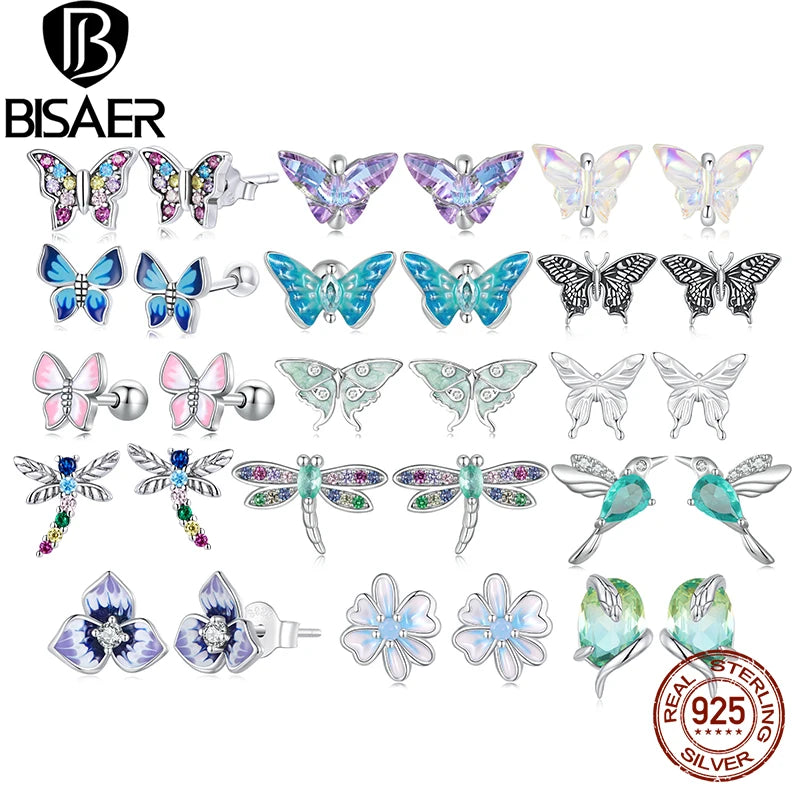 BISAER Real 925 Sterling Silver Butterfly Flower Stud Earrings for Women Exquisite Party Mini Ear Clip for Girl Original Design