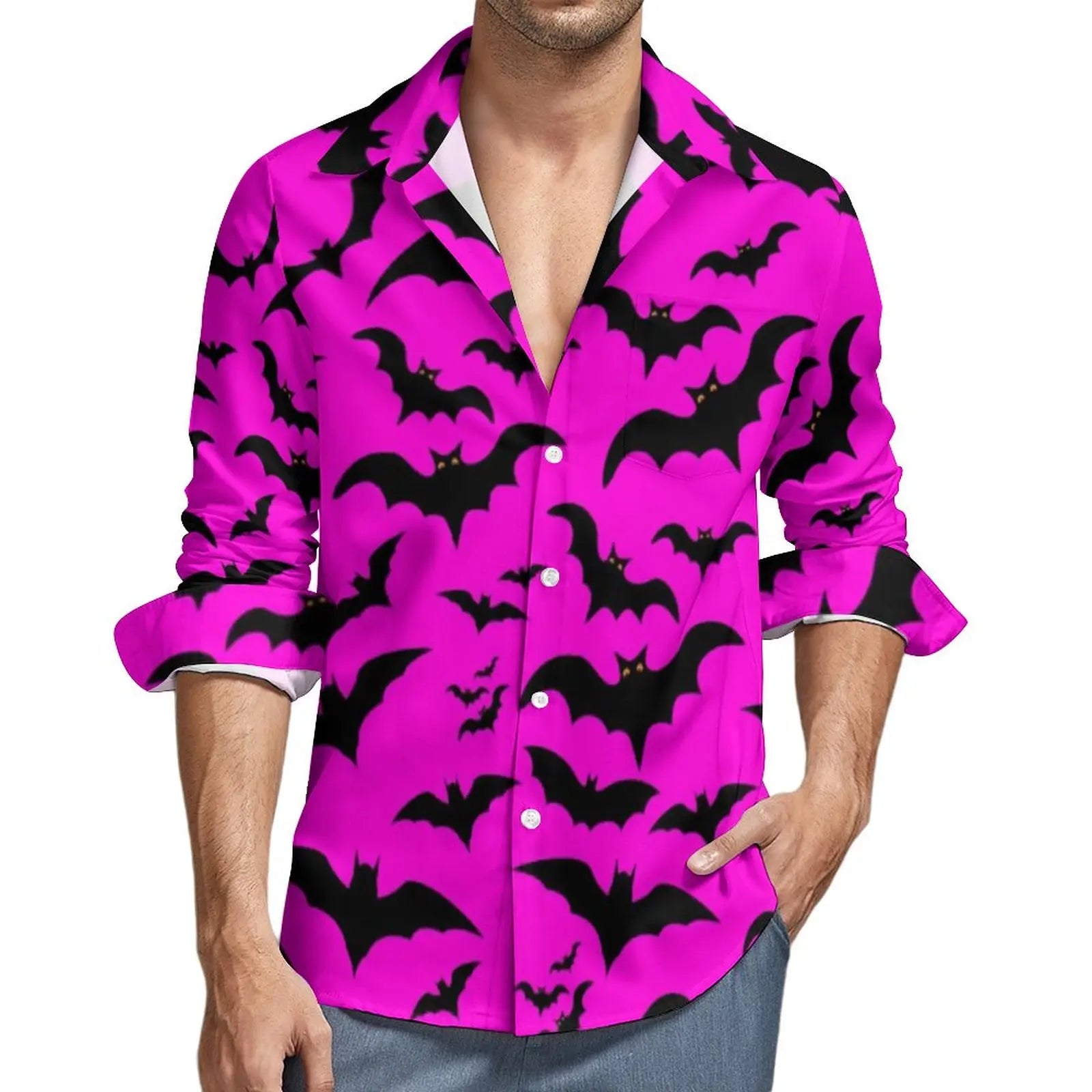 Camisa con estampado de murciélagos morados, camisas casuales de otoño y Halloween para hombre, blusas holgadas de manga larga, ropa gráfica divertida de talla grande