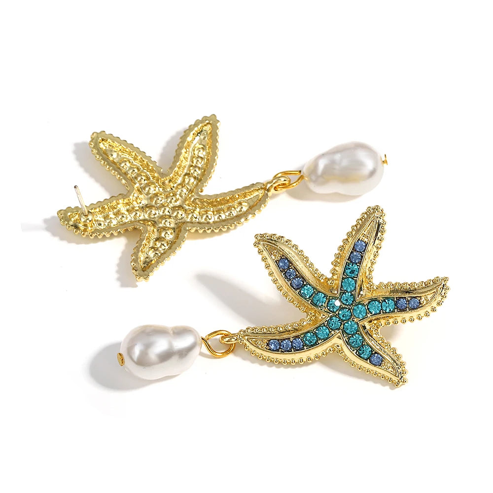 Bohemia Star Fish Earrings Drop Pearl Blue Rhinestones Dangle Earrings for Women Starfish Jewelry Summer Holiday Beach Gifts