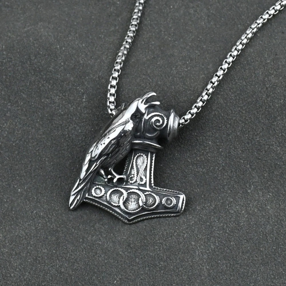 Collares de cuervo con símbolos de Odín vintage para hombre, colgante de acero inoxidable punk con martillo de Thor, Mjolnir, runas nórdicas, joyería vikinga