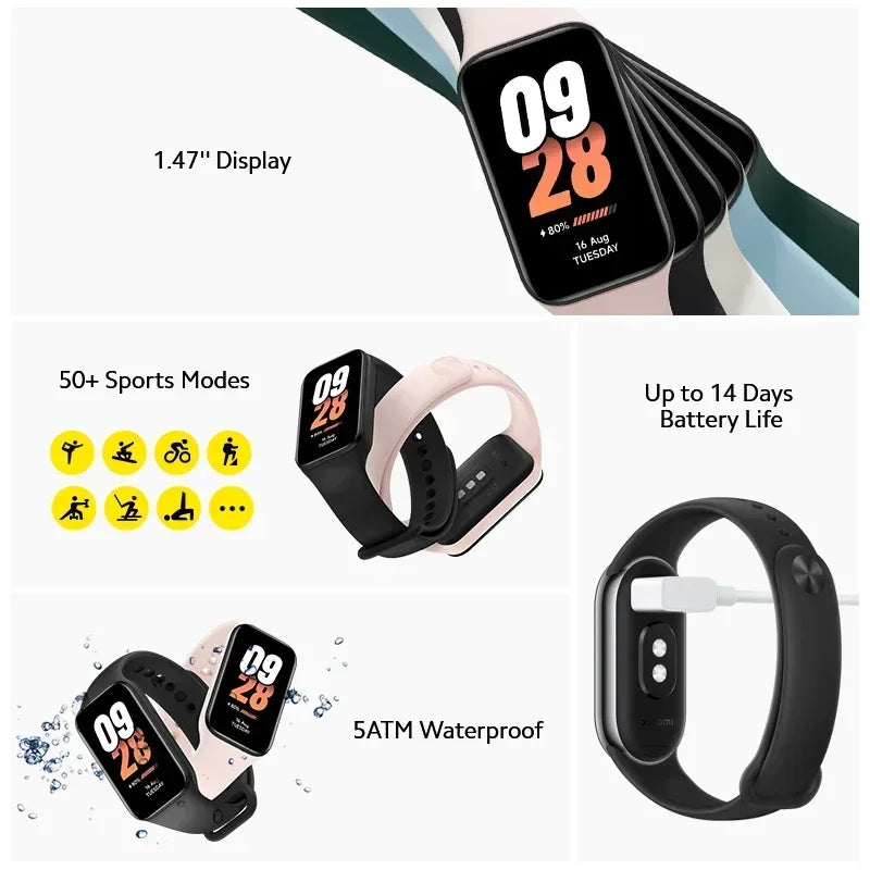 [World Premiere]Global Version Xiaomi Smart Band 8 Active1.47'' Screen All-day SpO2 Monitor 50+ Sport Modes 5ATM Waterproof