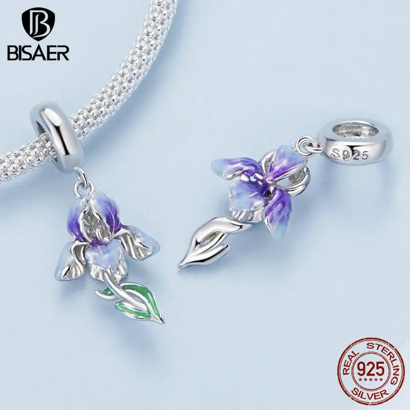 BISAER 925 Sterling Silver Butterfly&Flower Charm Bead Purple Animal Pendant Plated Platinum Fit Elegant Girl Bracelet Jewelry