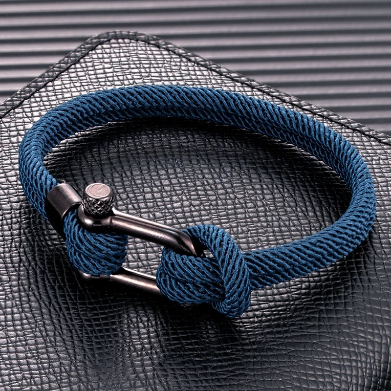 MKENDN Trendy Men Women Wine Red Marine Sailor Rope Nautical Survival Shackle Bracelet Black Stainless Steel Metal Sport Buckle