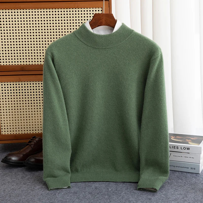 New Fashion Men's 100% Wool Pullover Half-high Collar Sweater Autumn Winter Warm Solid Color Knit Sweater Business Casual Top