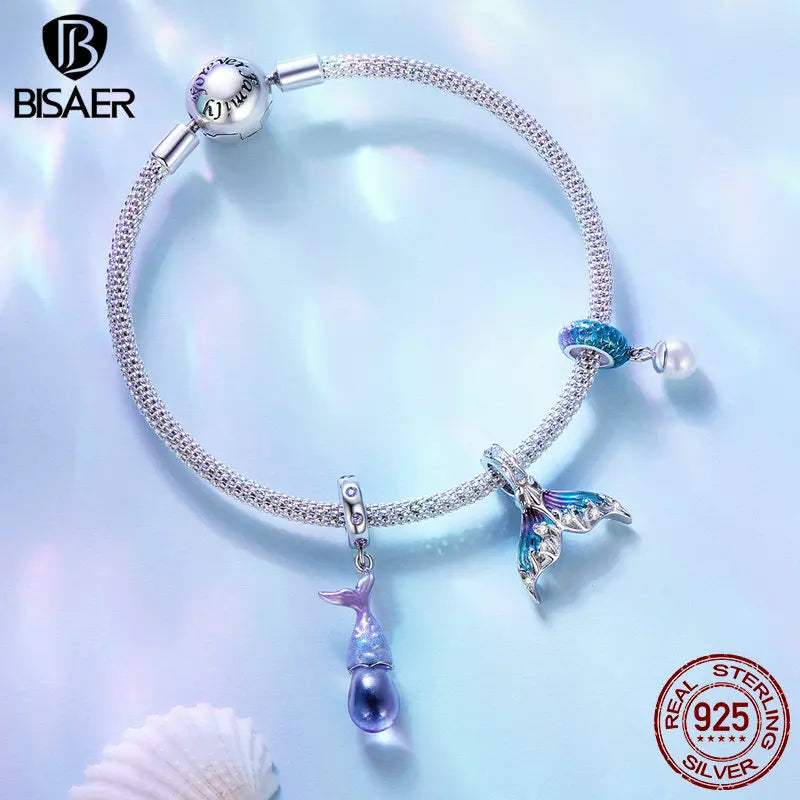 BISAER Real 925 Sterling Silver Underwater World Charm Bead Moonstone Pendant Plated Platinum Fit Women DIY Bracelet Jewelry