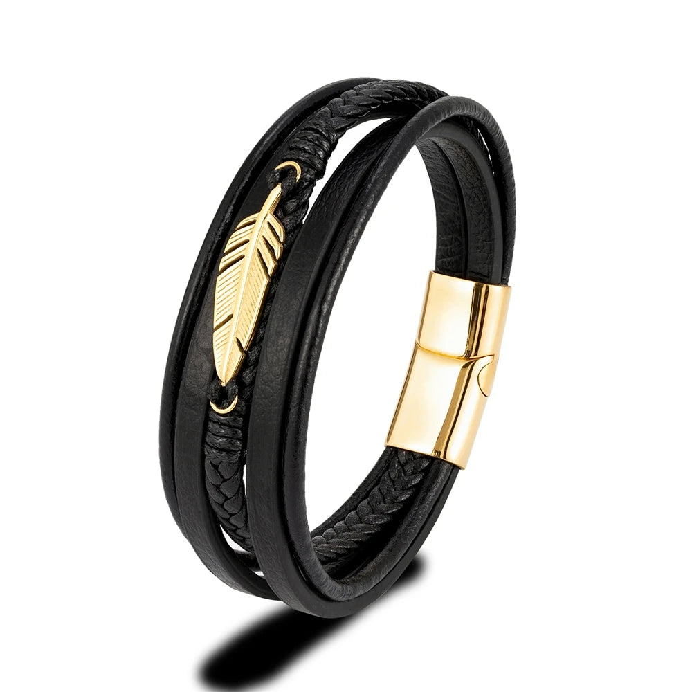 MKENDN Simple Classic Feather Genuine Leather Bracelet Braided Multilayer Stainless Steel Magnetic Clasp Wrap Bangle