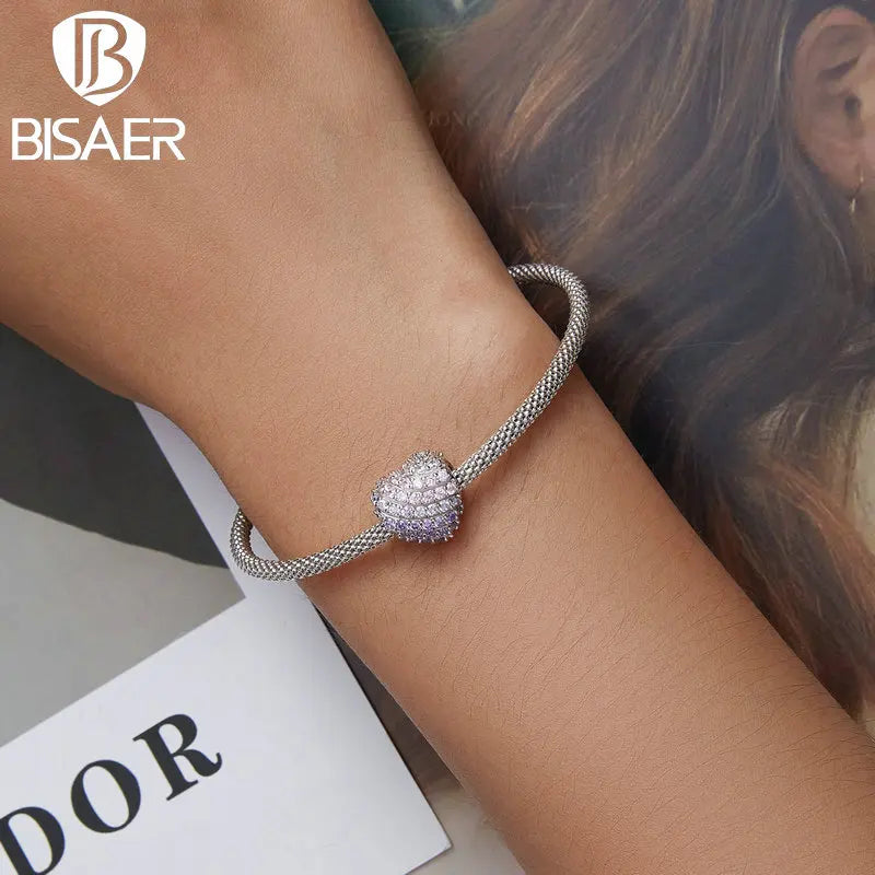 BISAER 925 Sterling Silver Zircon Gradient Charm Bead Lucky Poker Flower Heart-shaped Key Ring Pendant For Original DIY Bracelet