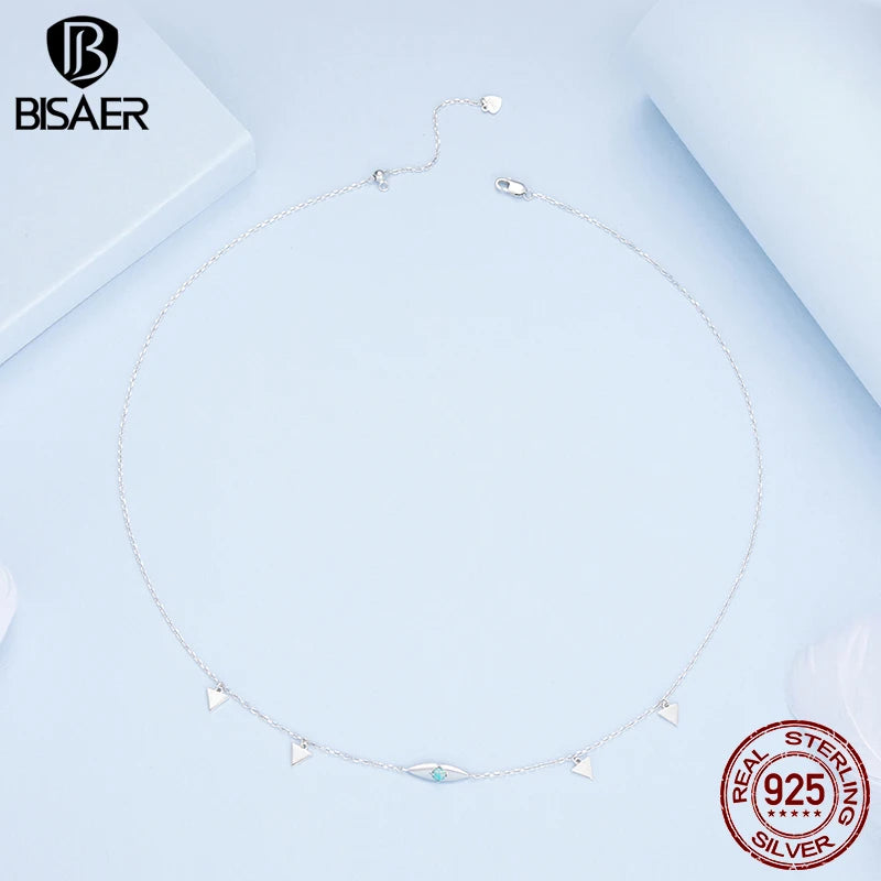 BISAER 925 Sterling Silver Demon Eye Pendant Necklace Bule Opal Adjustable Chain Plated White Gold for Woman Fine Jewelry