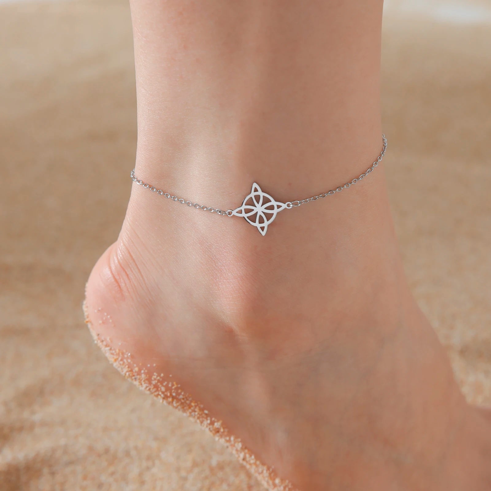 Skyrim Witch Knot Anklet Women Stainless Steel Double Layer Beads Chain Ankle Bracelet Witchcraft Jewelry Summer Accessories