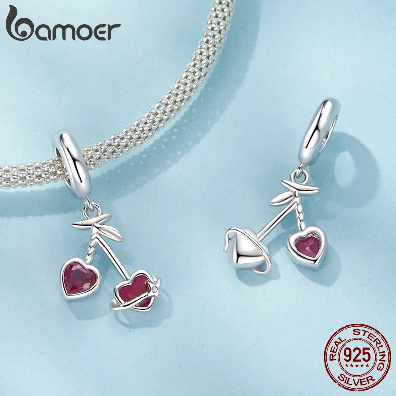 Pendentif en forme de cœur en argent sterling 925 BAMOER en forme de cerise pour bracelet original, breloque Bamoer DIY pour la fabrication de bijoux, cadeau de Noël