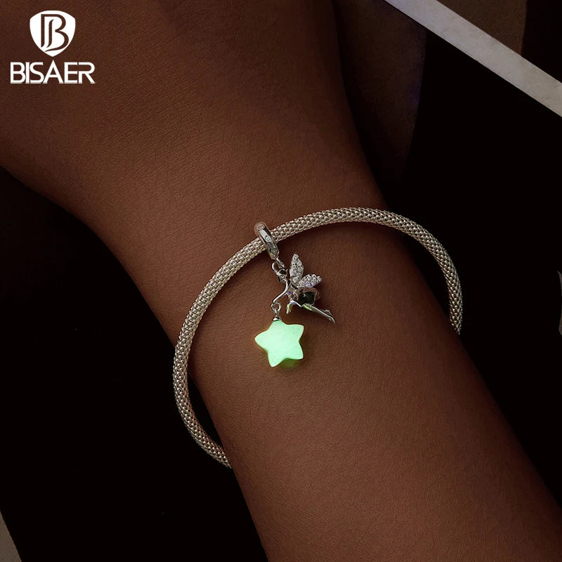 BISAER 100% 925 Sterling Silver Magical Fairy Charms Beads Luminous Star Pendant Fit Woman DIY Bracelet Necklace Fine Jewelry