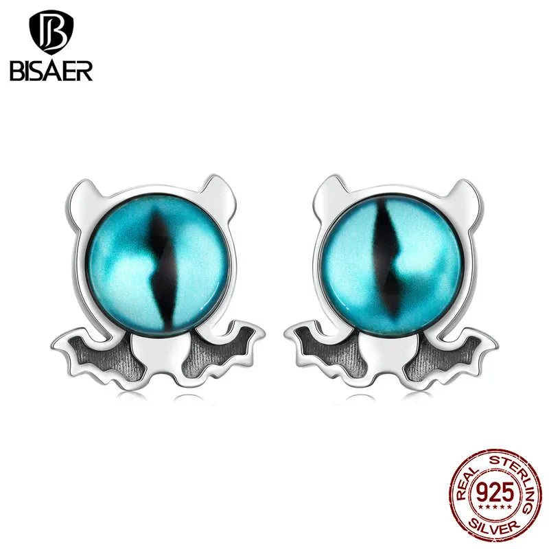 BISAER Real 925 Sterling Silver Vintage Devil Stud Earring Big Bule Eye Stud Ear For Woman Men Party Fine Jewelry Halloween Gift