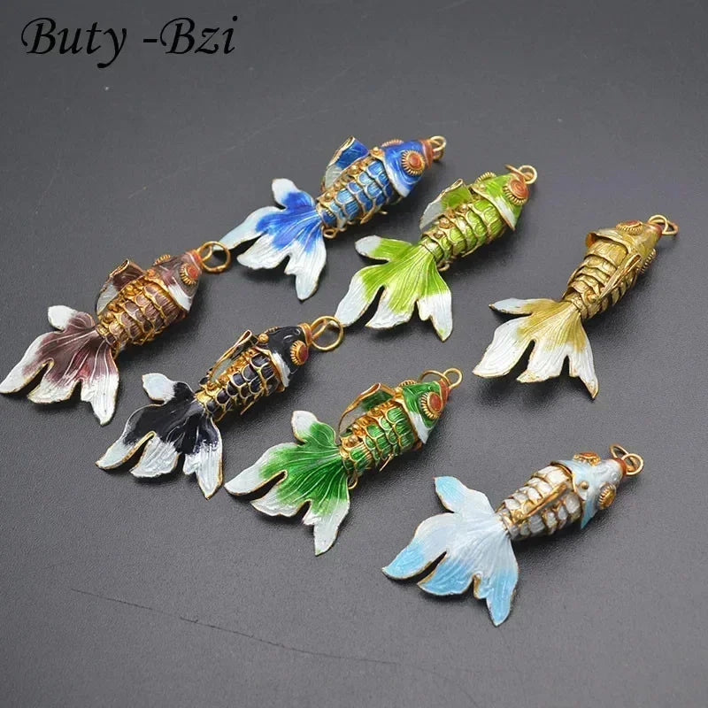 Buty-Bzi 50~60mm Metal Cute Cloisonne Goldfish Fish Pendant For DIY Fashion Neckalce Jewelry Making