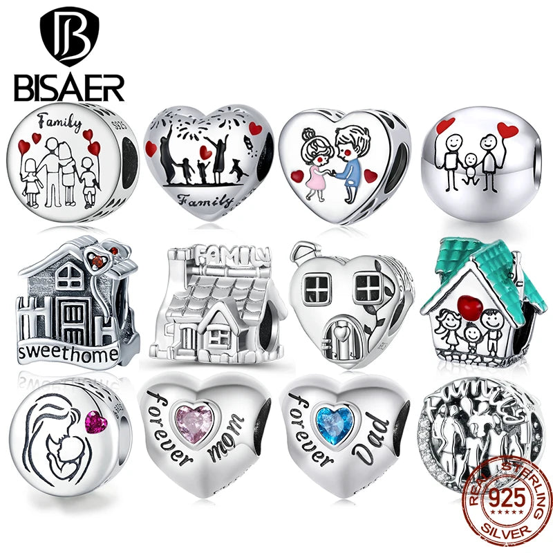 BISAER 925 Sterling Silber Runder Familien-Charm-Perlen-Haus-Anhänger für Frauen Armband Halskette DIY Feiner Schmuck Muttertagsgeschenk