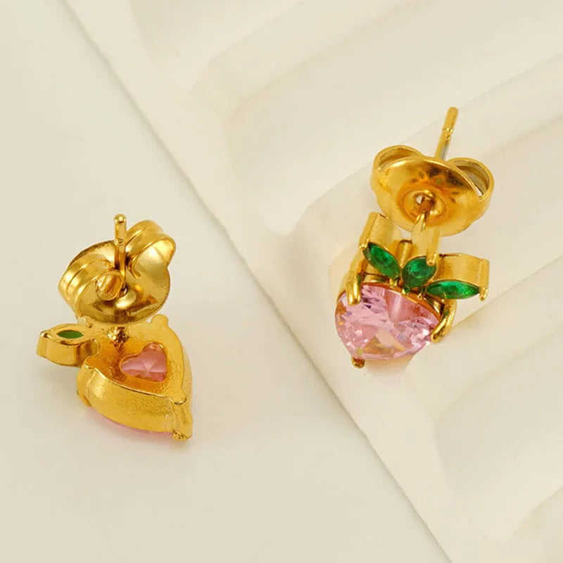 INS Summer 18K Gold Color Stainless Steel Pink Cubic Zirconia Fruit Stud Earrings Waterproof Cute Post Earring Jewelry Gift