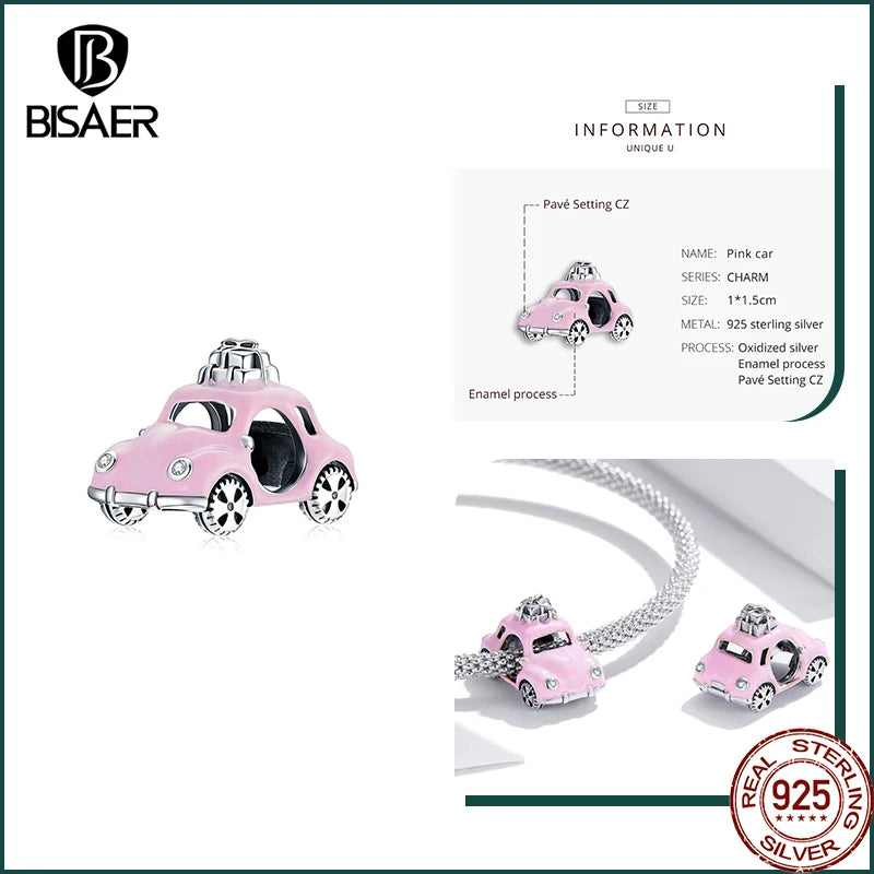 BISAER 925 Sterling Silver Car Charms Perles Bus Electrocar Vélo Émail Pendentif Fit Femme DIY Bracelet Collier Fine Jewelry