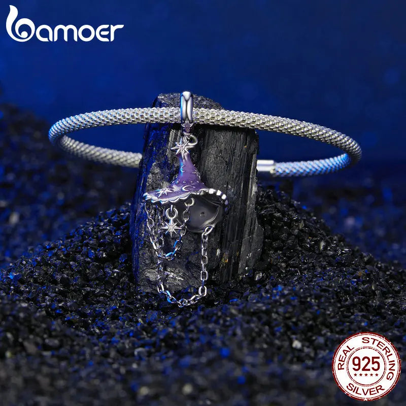 BAMOER Solid 925 Sterling Silver Luminous Witch Hat Charm Beads fit Original Bracelet & Necklaces Halloween Jewelry DIY SCC2894