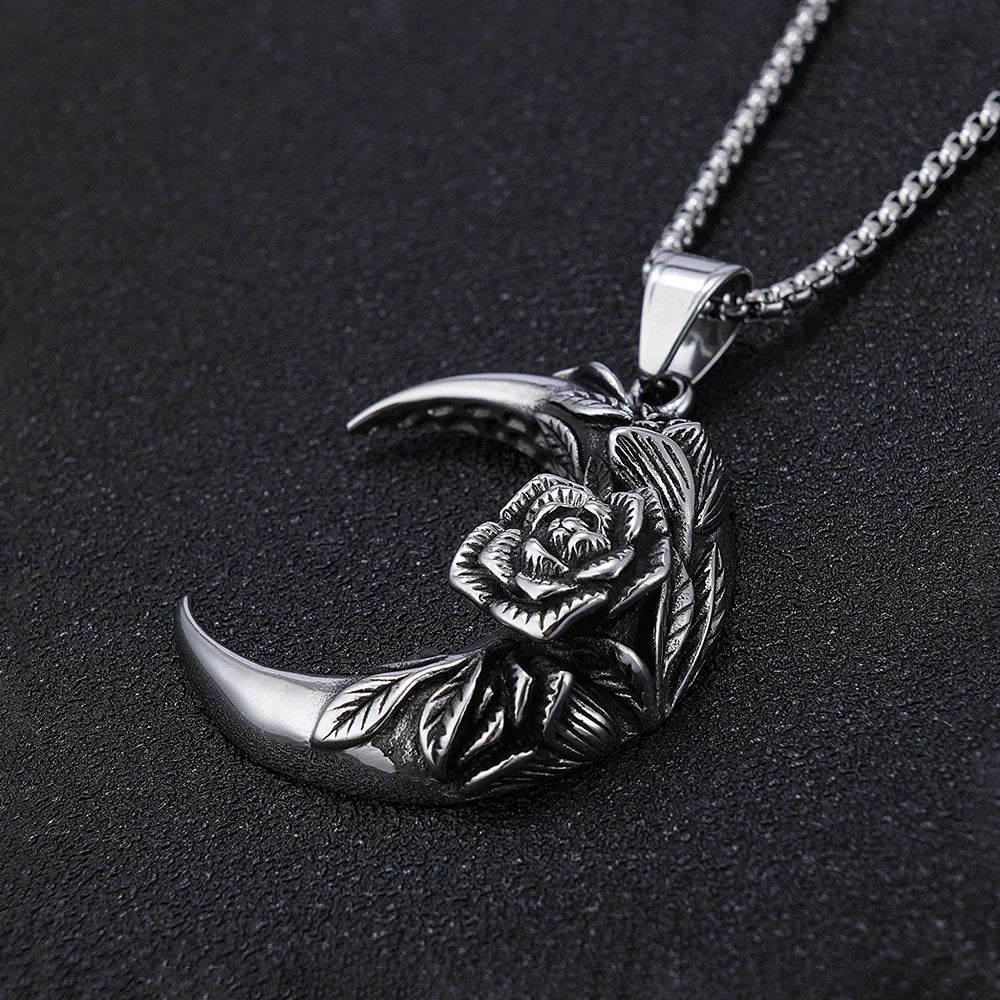 Punk Vintage 316L Edelstahl Mond Und Nacht Anhänger Mit Rose Für Männer Frauen Biker Mode Kreative Schmuck Geschenke Großhandel