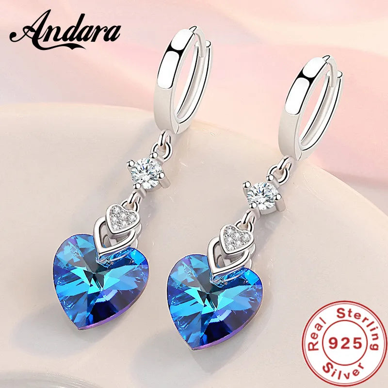 925 Sterling Silver Blue Crystal Heart-Shaped Zircon Earrings