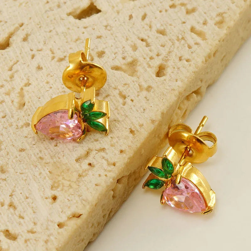 INS Summer 18K Gold Color Stainless Steel Pink Cubic Zirconia Fruit Stud Earrings Waterproof Cute Post Earring Jewelry Gift