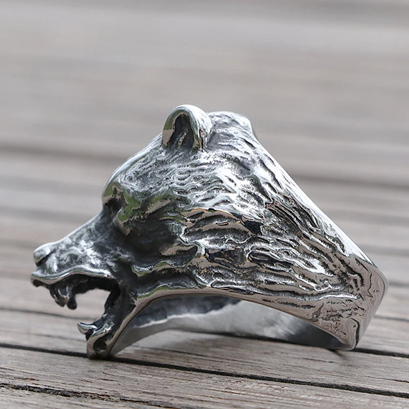 Cool Viking Bear Head Ring Men's Slavic Bear Berserk Stainless Steel Biker Rings Male Punk Animal Ring Nordic Amulet Jewelry