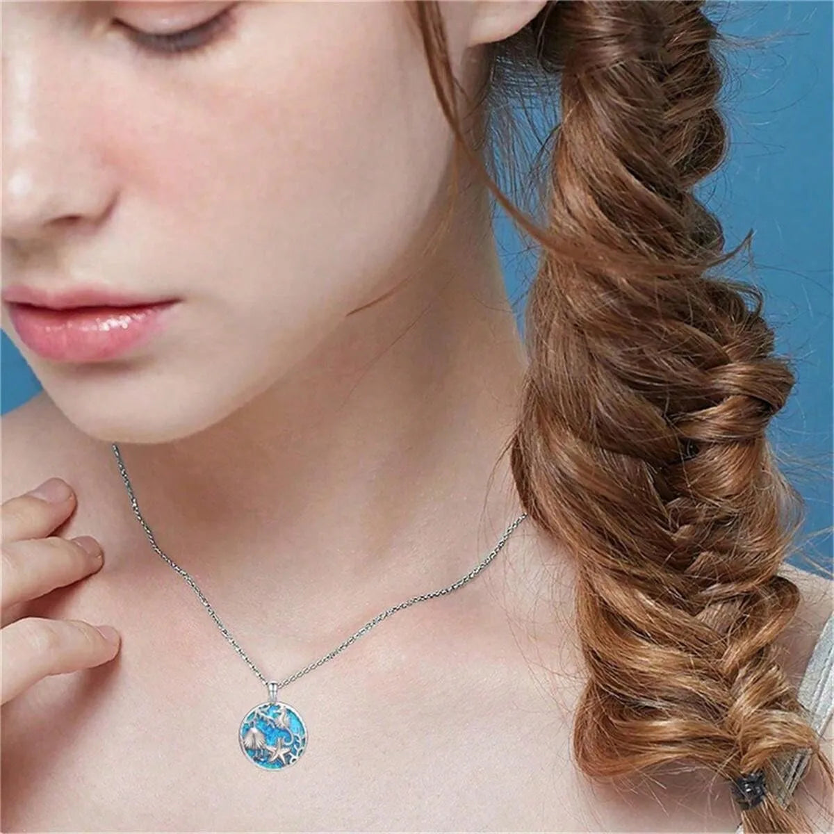 Fashion Cute Seahorse Sea Star Shell Pendant Necklace Inlay Imitation Blue Opal Pendant Necklace for Women Wedding Party Jewelry