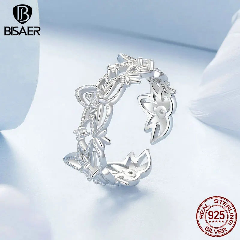 BISAER Real 925 Sterling Silver Lotus Open Ring Flower Band Adjustable Size 5-9 Plated White Gold for Women Party Fine Jewelry