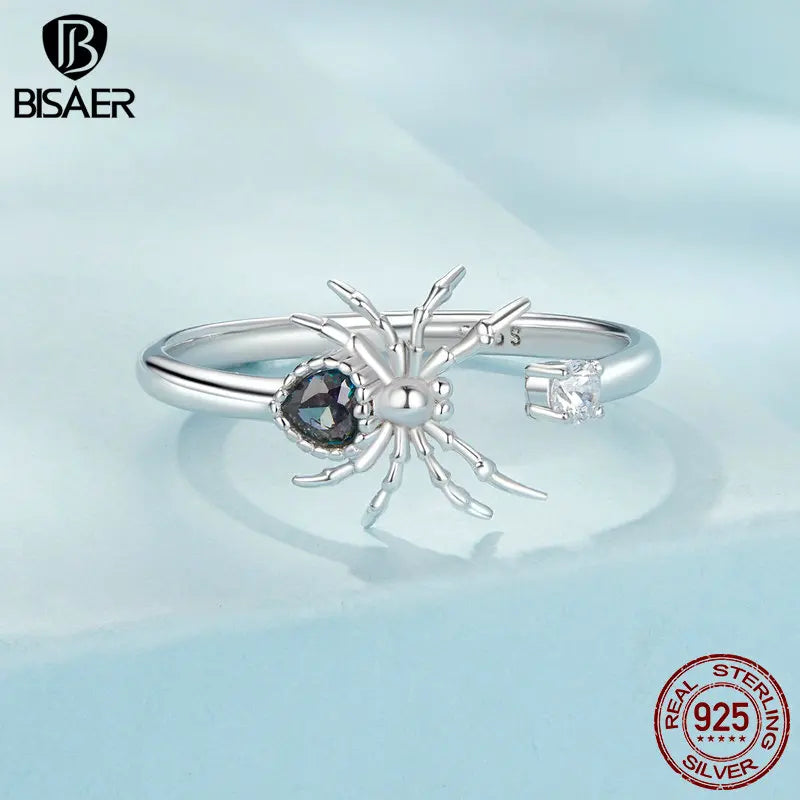 BISAER Real 925 Sterling Silver Spider Open Ring Eearrings Animal Jewelry Sets For Women Party Halloween Gift Fine Jewelry