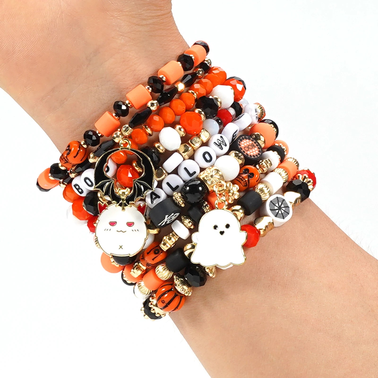 Artificial Crystal Soft Cover Halloween Bracelet Ghost Spider Web Bat Spider Pendant Multilayer Stretch Bracelet