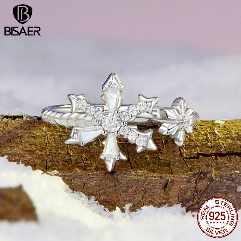 BISAER 925 Sterling Silver Ice Flower Open Ring Sparkling Zircon Adjustable Band Plated White Gold for Women Party Fine Jewelry