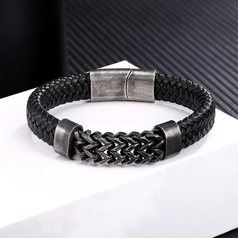 MKENDN Locomotive Men Stainless Steel Biker Link Chain Charm Leather Bracelet Punk Rock Wristband Fashion Accessories Jewelry