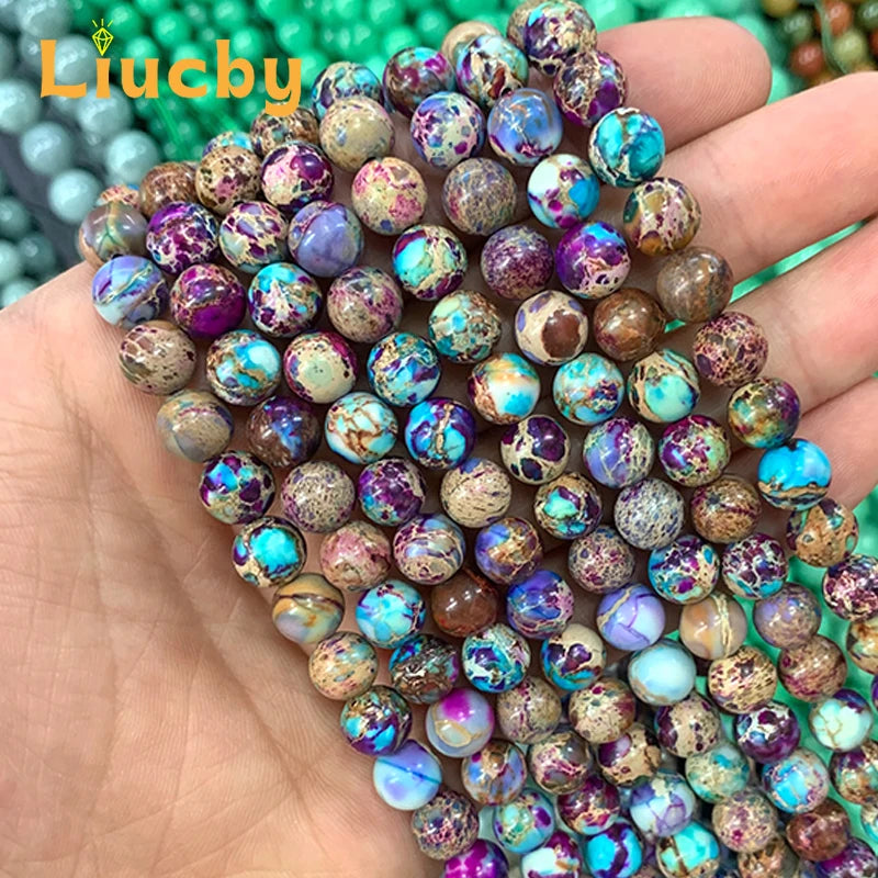 mixed color Natural Stone Patterned stone Purple Blue Round bead For Jewelry Making DIY Accessories Bracelet 15" Inch 4/6/8/10mm