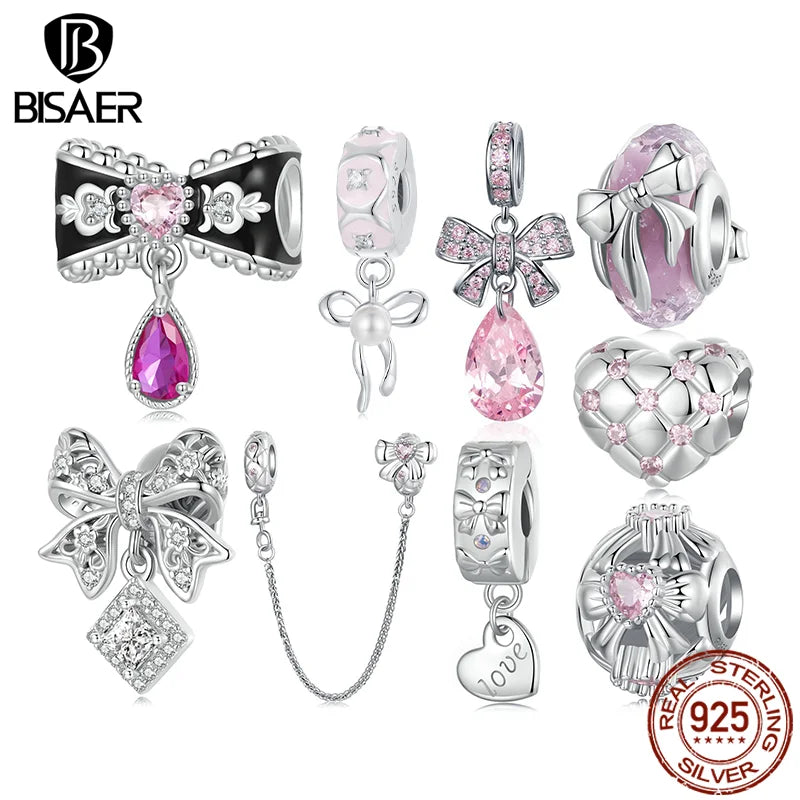 BISAER 925 Sterling Silver Bow Charm Bow-knot Safety Chain Pink Heart Diamond Pattern Bead for Girls DIY Bracelets Fine Jewelry