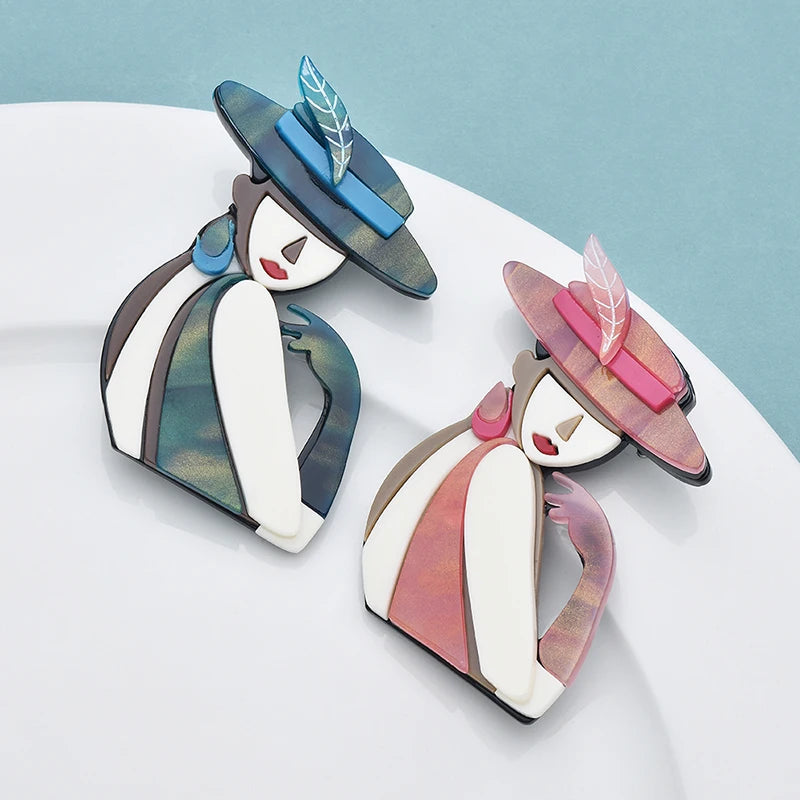 Wuli&baby Acrylic Wear Hat Dress Lady Brooches For Women 2-color Beautiful Modern Girl Figure Party Office Brooch Pins Gifts