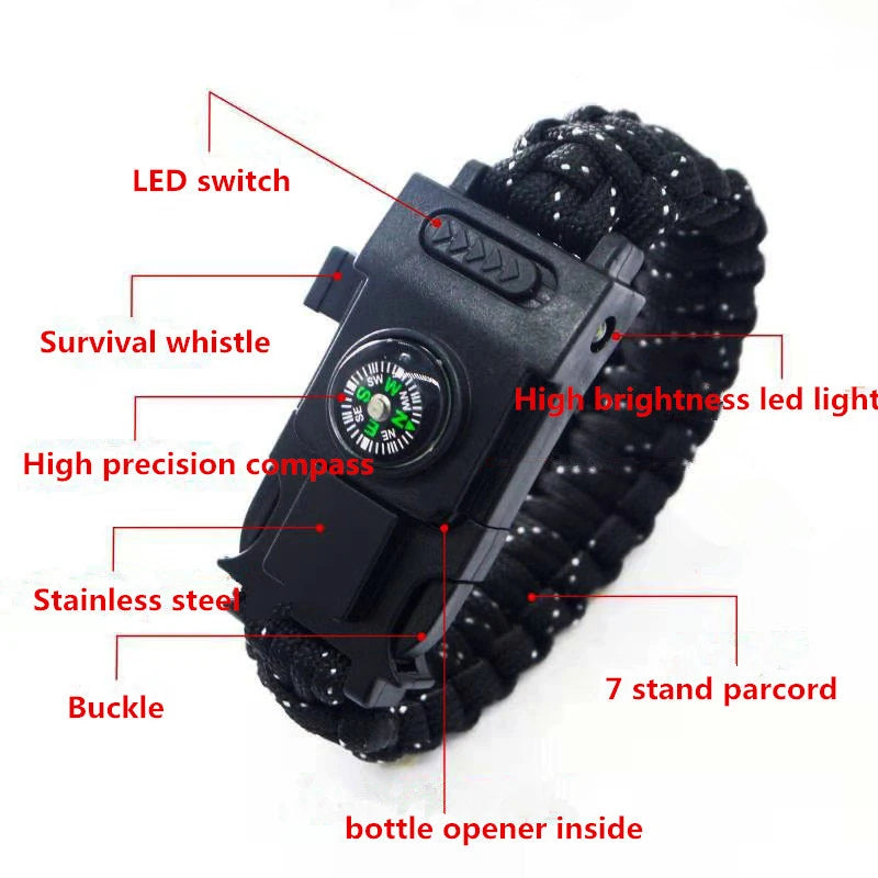 Emergency Paracord Rope Led Light Survival Bracelet Outdoor Multifunction SOS Rescue Survival Bracelet Compass Sport Whistle