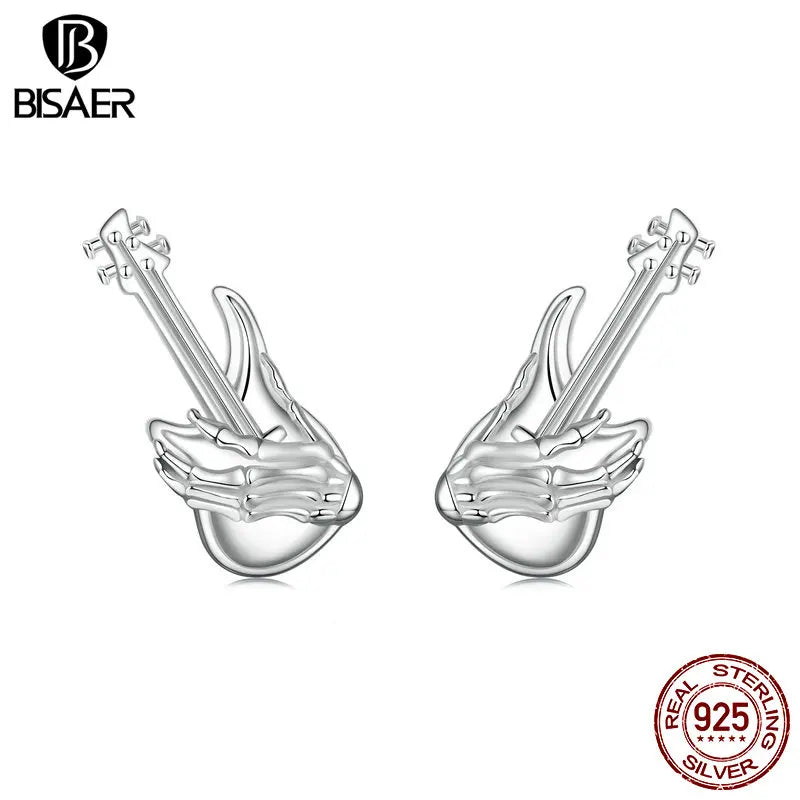 BISAER 925 Sterling Silver Mini Skull Hand Bass Stud Earring Plated White Gold For Music Lover Party Original Fine Jewelry Gift