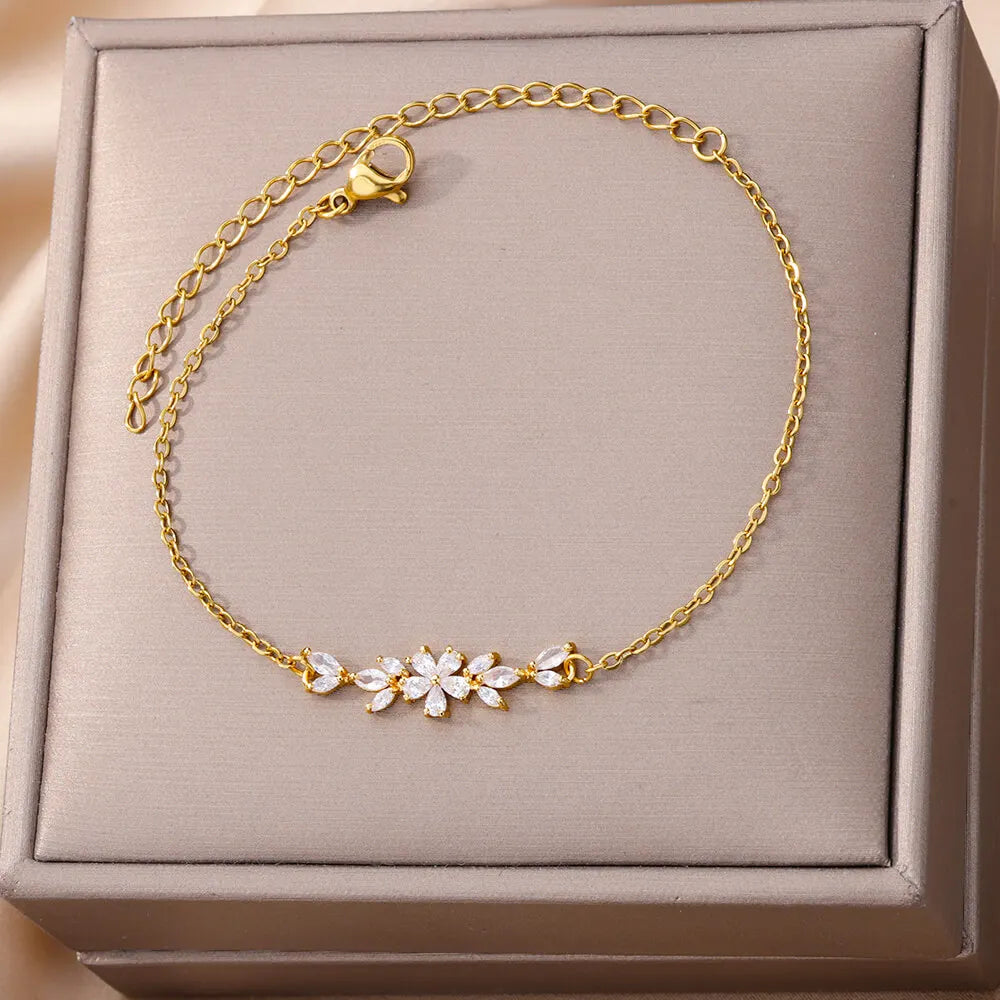 Elegant Zircon Flowers Bracelet For Women Girls Charm Gold Color Stainless Steel Plant Bracelets Luxury Designer Jewelry Gifts