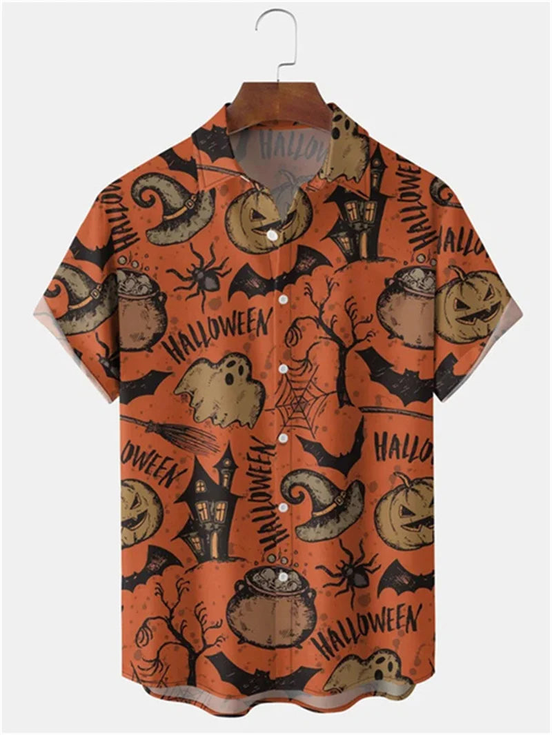 Camisa vintage para hombre con estampado 3D de cabeza de calabaza de Halloween, ropa para hombre, camisa hawaiana informal de verano para playa hawaiana, camisa hawaiana de vacaciones