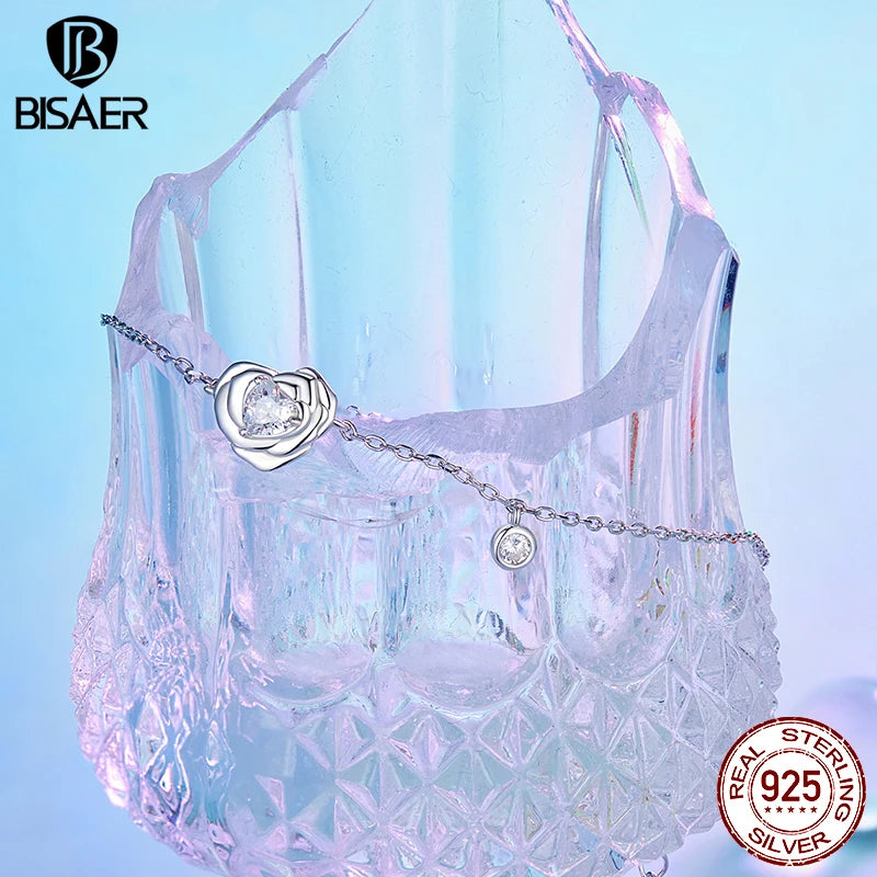 BISAER 925 Sterling Silver Heart Rose Bracelet Adjustable Charm Chain Plated White Gold for Women Party Fine Jewelry EFB200