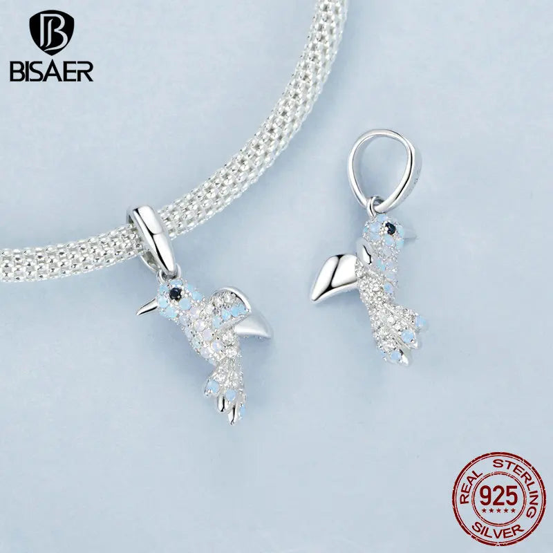 Bisaer 925 Sterling Silver Flower Bird Charm Bead Garden Colorful CZ Animal Plant Pendant Fit Original Bracelets Bangles Jewelry