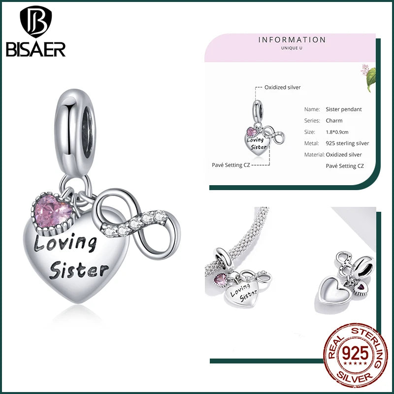 BISAER 925 Sterling Silver Family Heart Charms Beads Mom Dad Pendant for Women DIY Bracelets Necklace Mother's Day Jewelry Gift