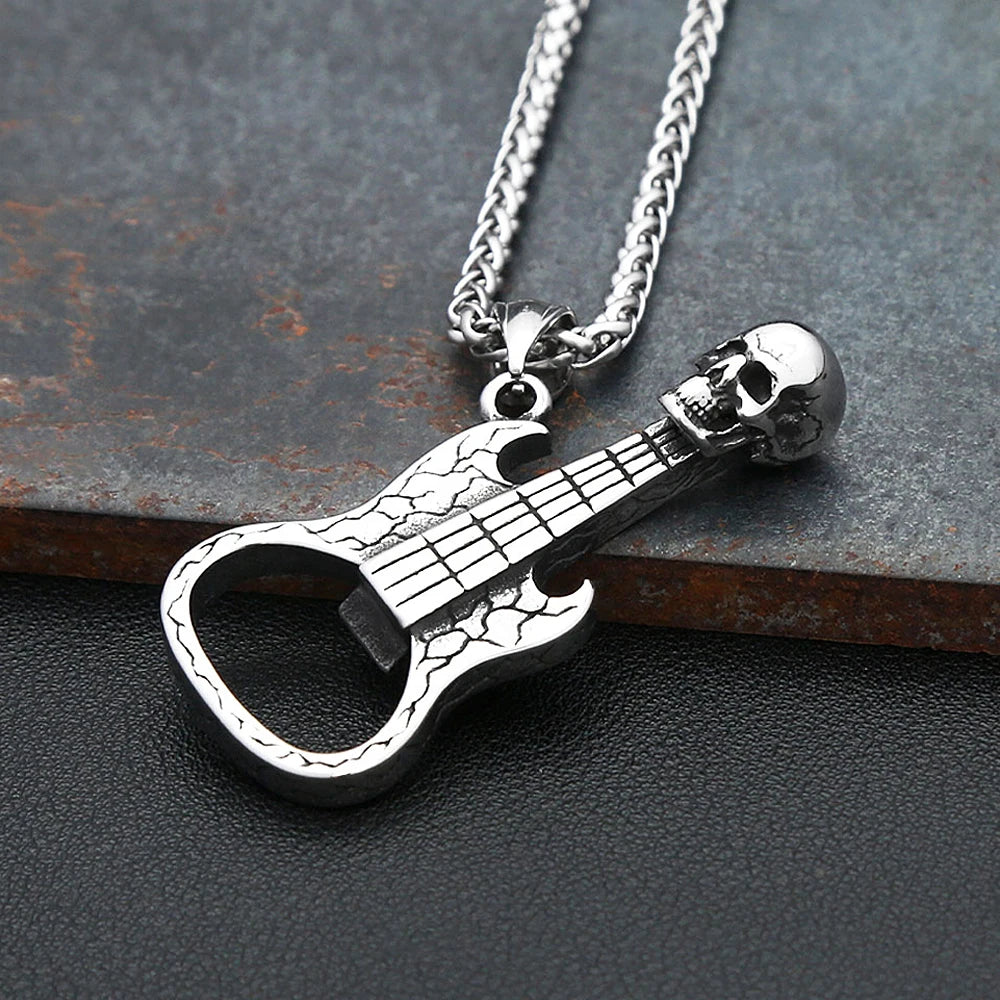 New Vintage Skull Guitar Pendant Necklace Stainless Steel Punk Hip Hop Personality Opener Necklaces For Men Rock Biker Jewelry