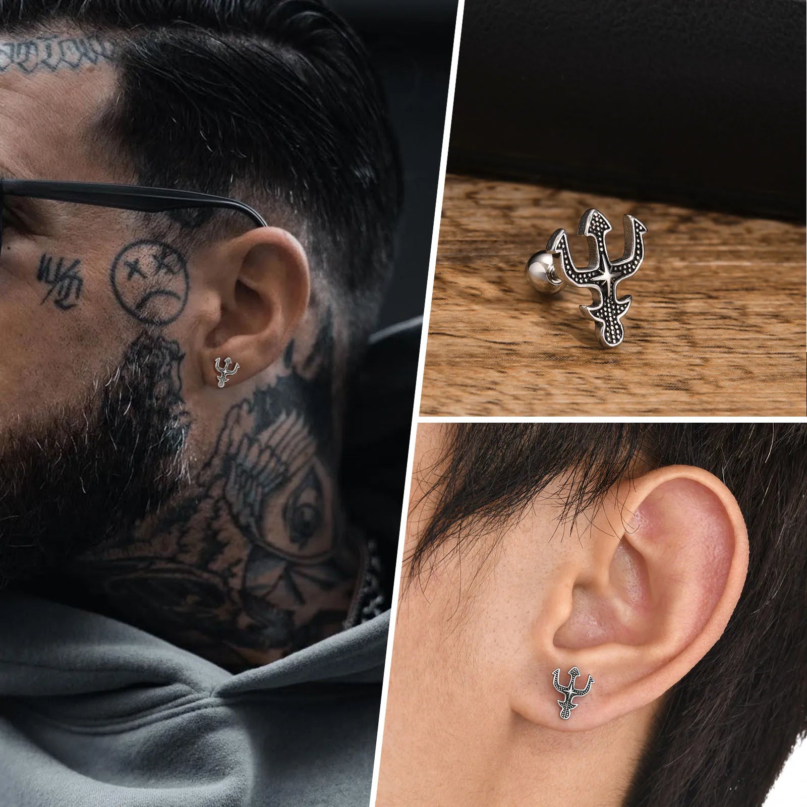 Punk-Dreizack-Ohrstecker für Herren, Ohrringe aus Edelstahl mit dem antiken griechischen Gott Poseidon und Neptun, Ohrschmuck für ihn